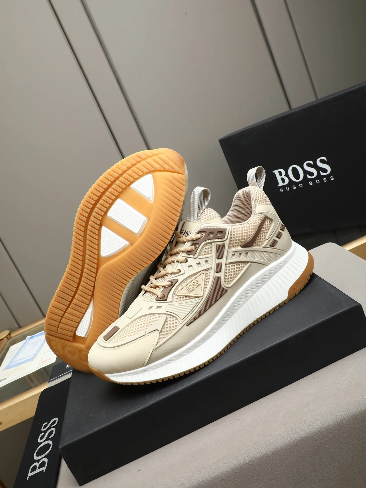 Hugo Boss Beige and Brown Mesh Overlay Lifestyle Sneaker