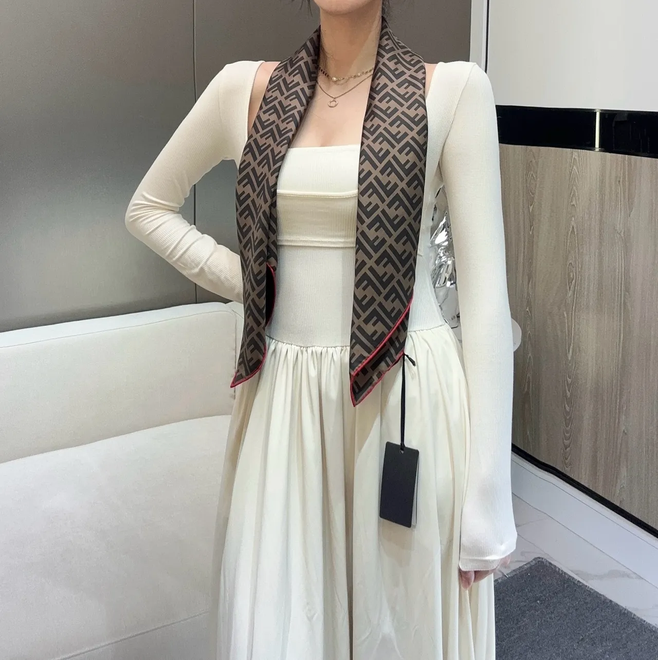 Fendi Zucca Beige Red Ribbed Knit Bodice Flowing A-Line Skirt Casual Dress