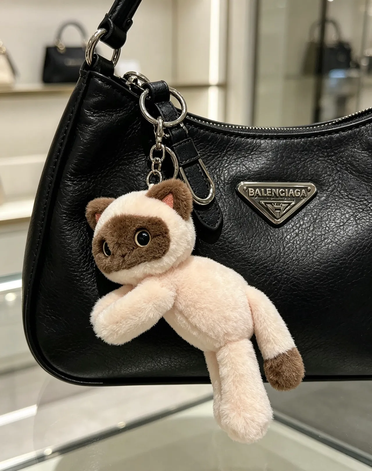 Balenciaga Beige Brown Plush Cat Siamese-Style Coloration Crossbody Bag