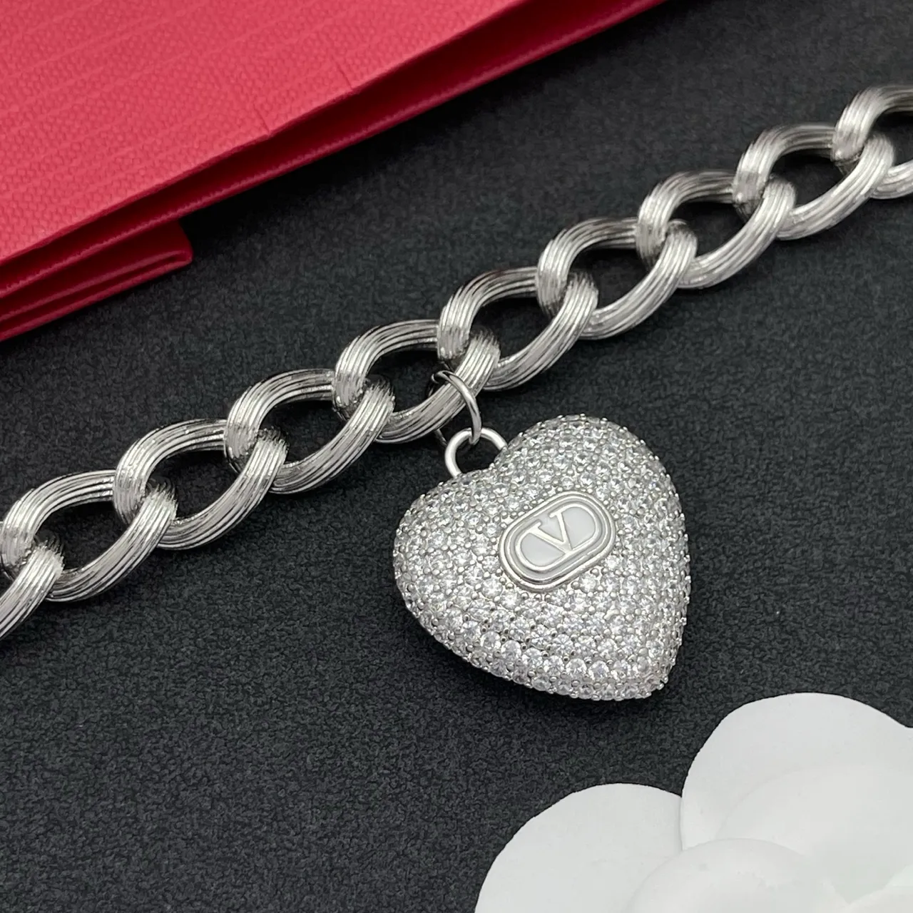 Valentino Silver White Twisted-Link Chain Pavé-Set Heart Pendant Bracelet