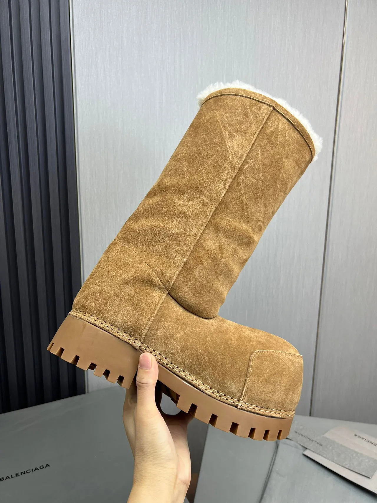 Balenciaga Defender Brown Beige Suede Shearling-Lined Knee Boots