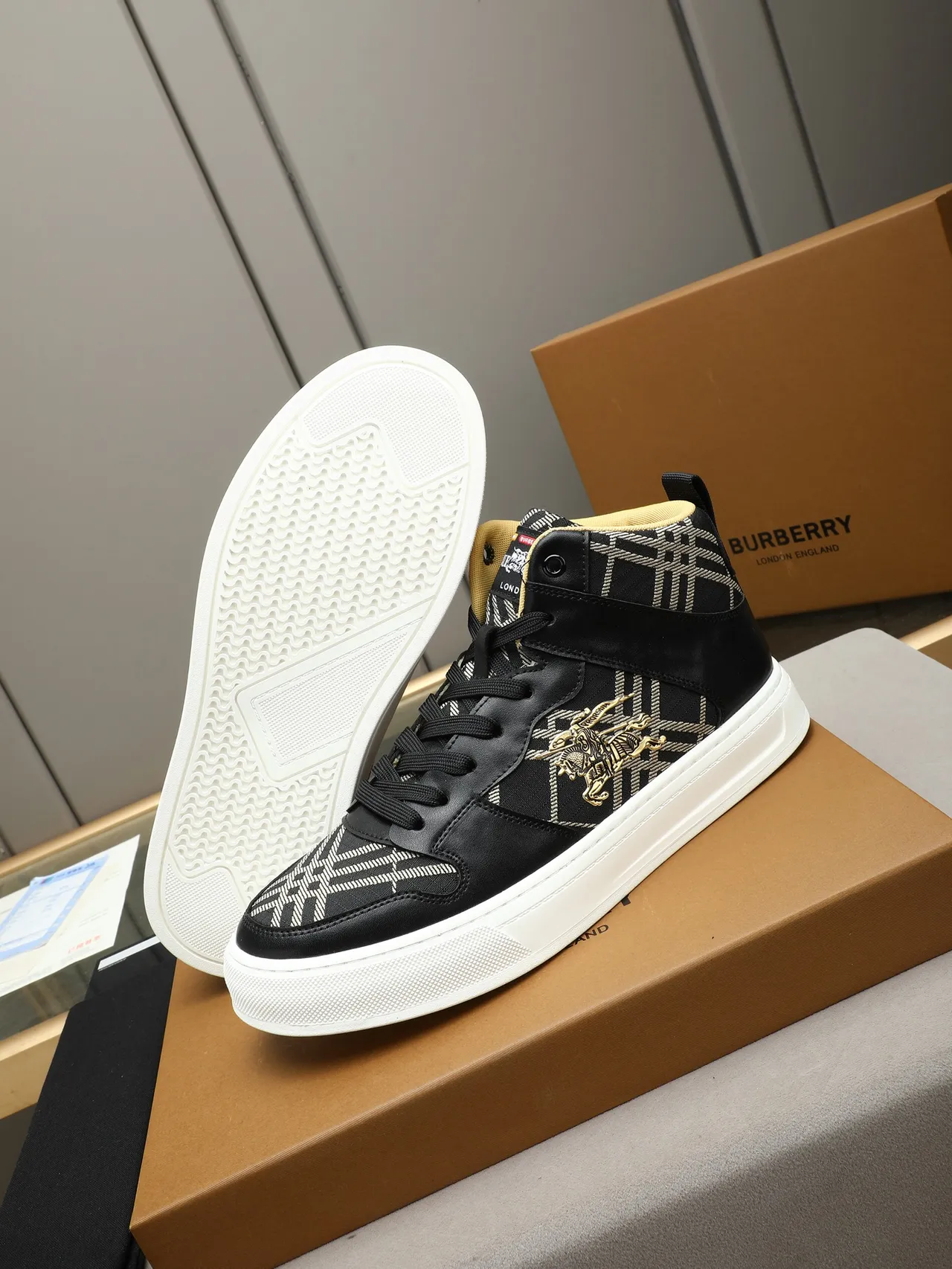 Burberry Black Gold High-Top Leather-and-Check Textile Lifestyle Sneakers