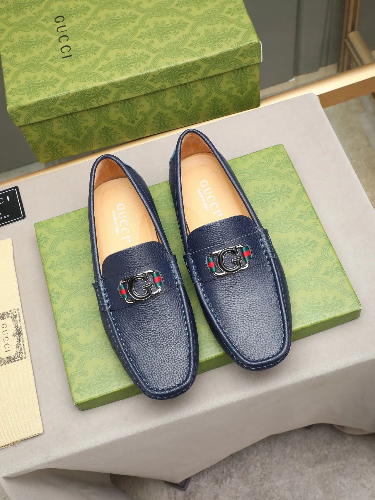 Gucci Horsebit 1955 Navy Blue Pebbled Leather Loafers