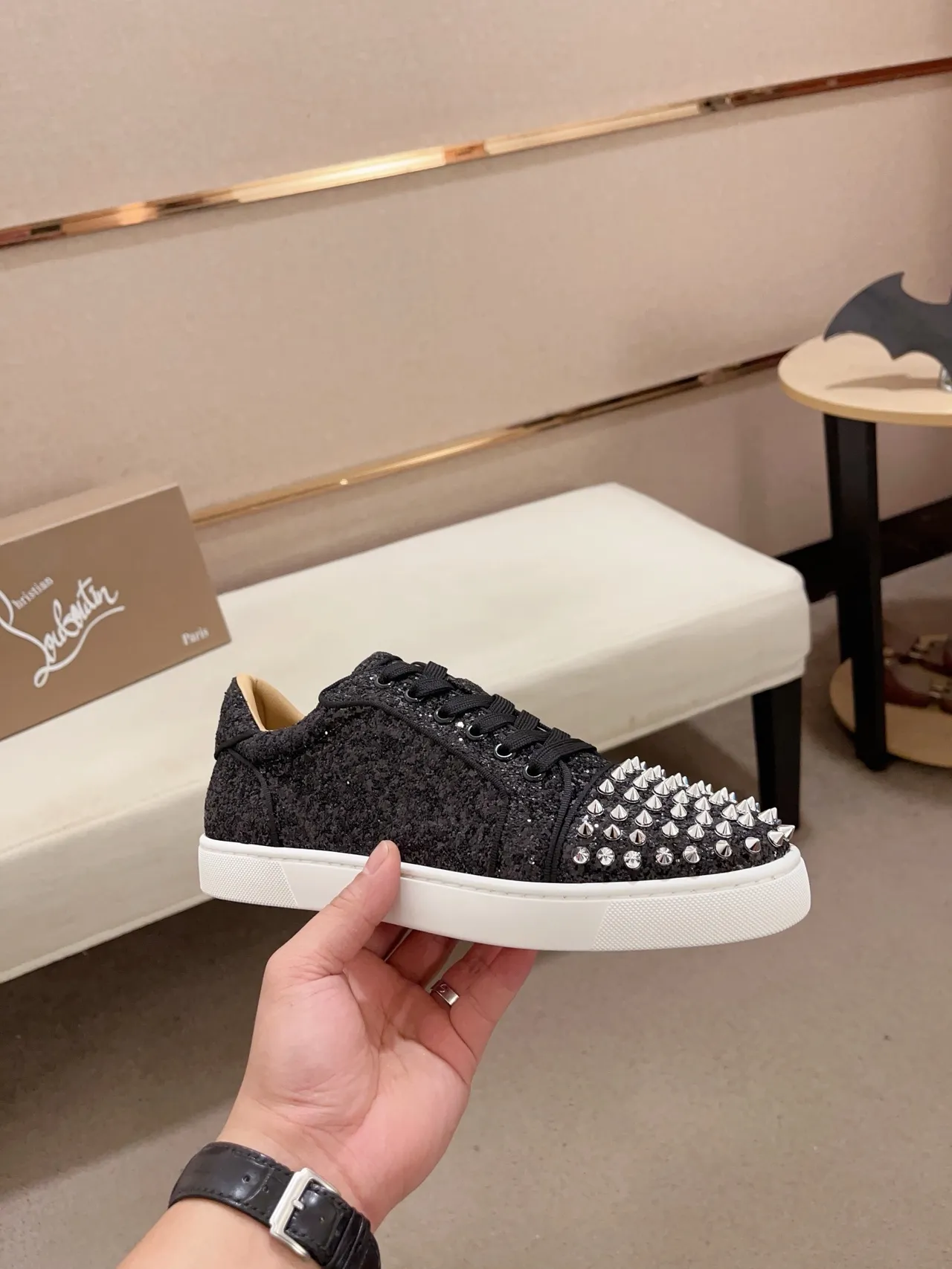 Christian Louboutin Black White Glitter Upper Studded Toe Cap Lifestyle Sneakers