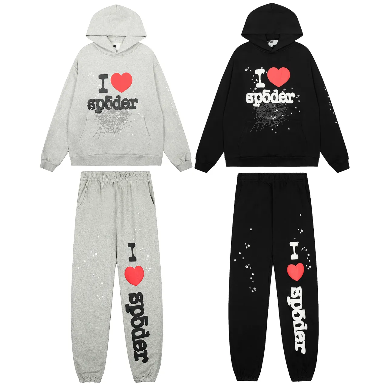 Sp5der I Love Gray Black Graphic-Print Oversized-Fit Tracksuit