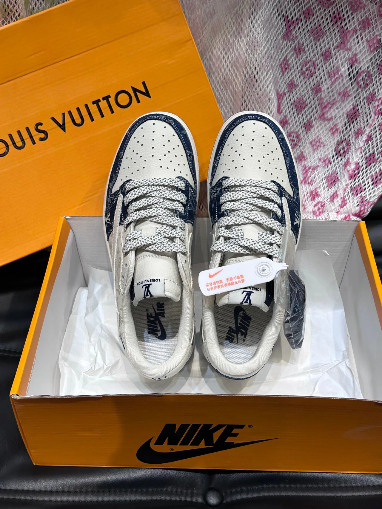 Nike x Louis Vuitton Dunk Low White and Navy Monogram Lifestyle Sneakers