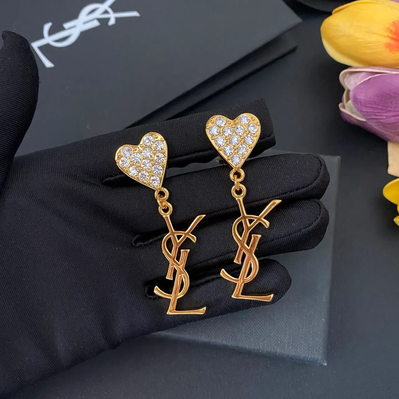 Saint Laurent Heart Crystal and Monogram Dangling Earrings