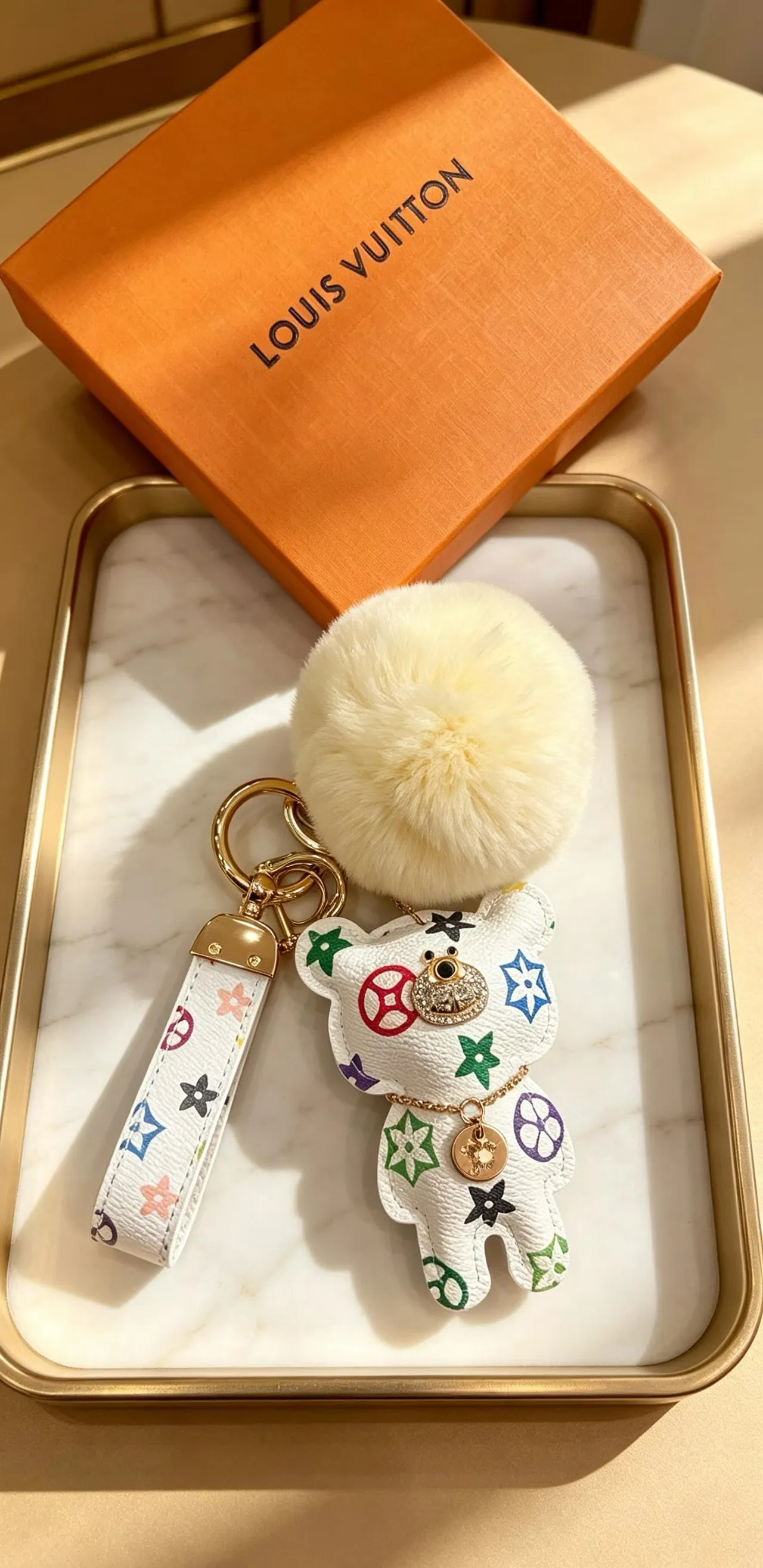 Louis Vuitton Multicolor Beige Monogram Leather Cream Faux-Fur Pom-Pom Phone Accessory