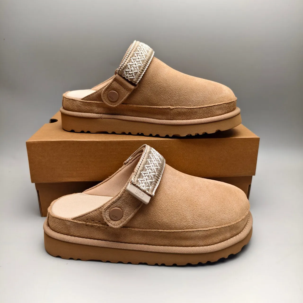 UGG Tasman Tan Suede Woven Strap Slipper
