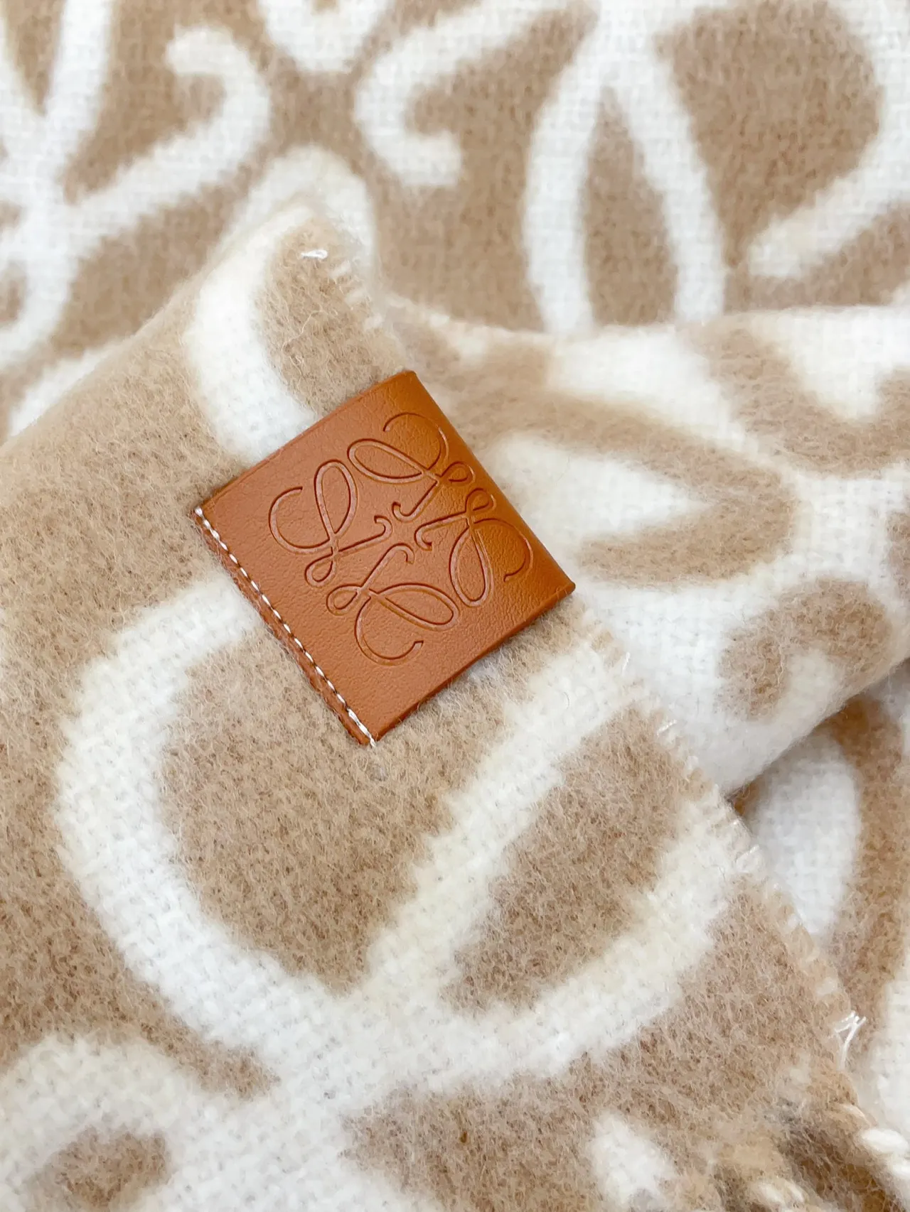 Beige and Cream Abstract Loop Pattern Cashmere Scarf