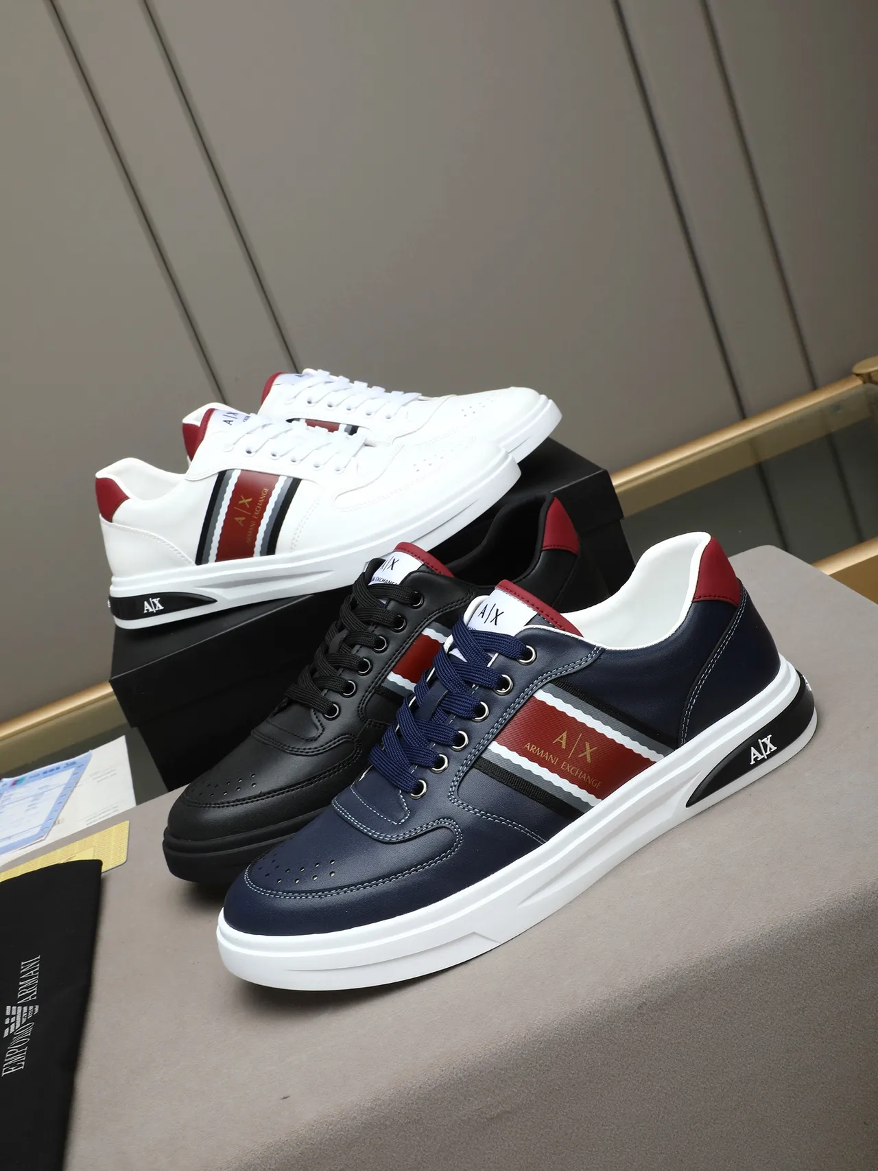Armani Exchange White Burgundy Leather Upper Black Striped Side Panel Sneakers