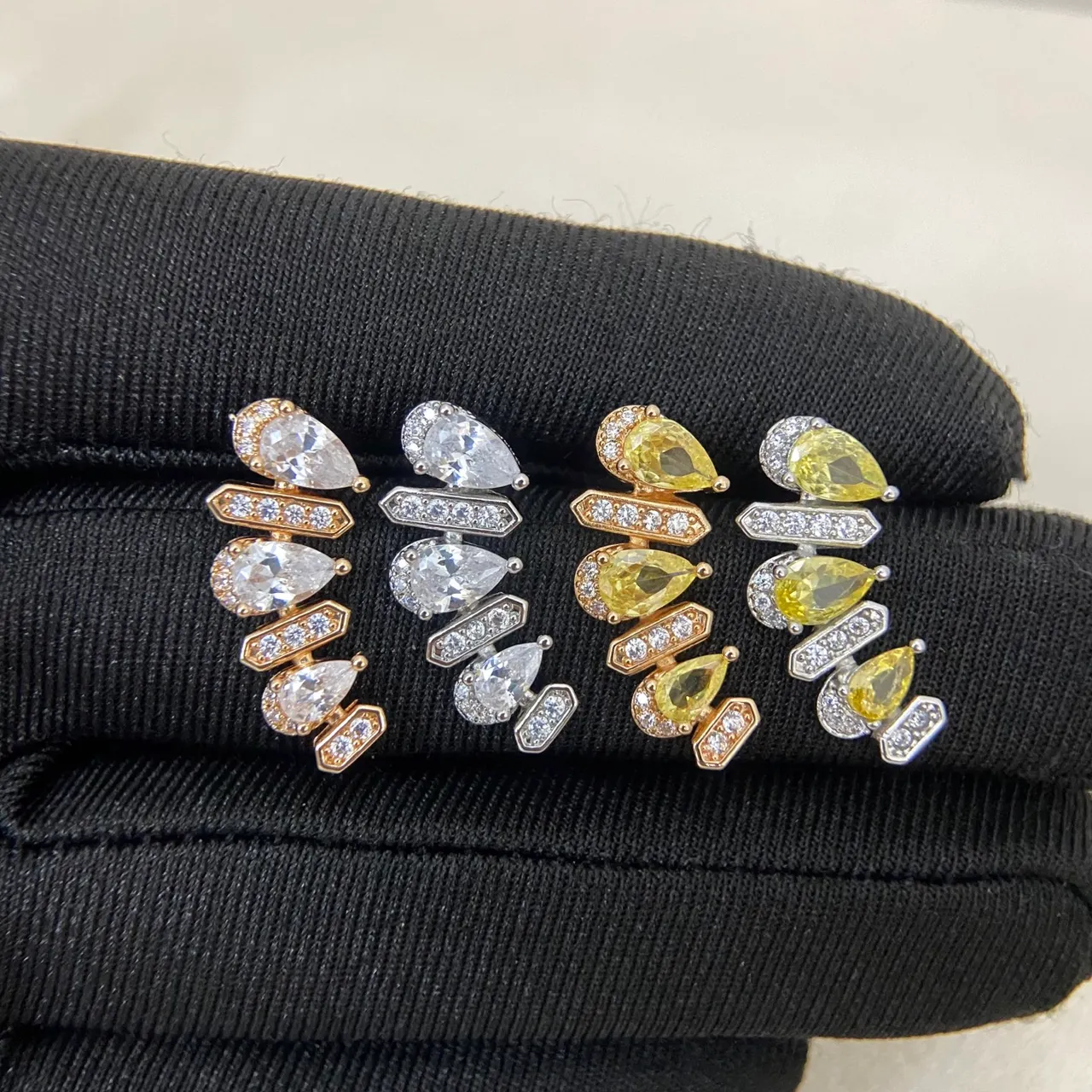 Gold Silver Multi-Tiered Pear-Cut Stone Earrings