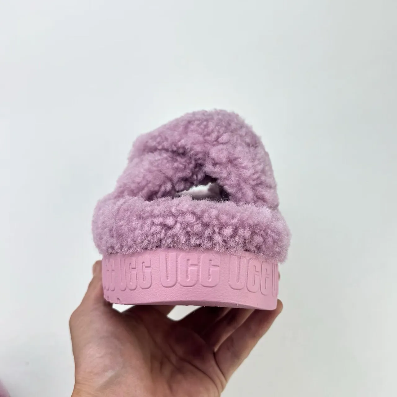 UGG Pink Plush Shearling Upper Cross-Strap Design Slippers