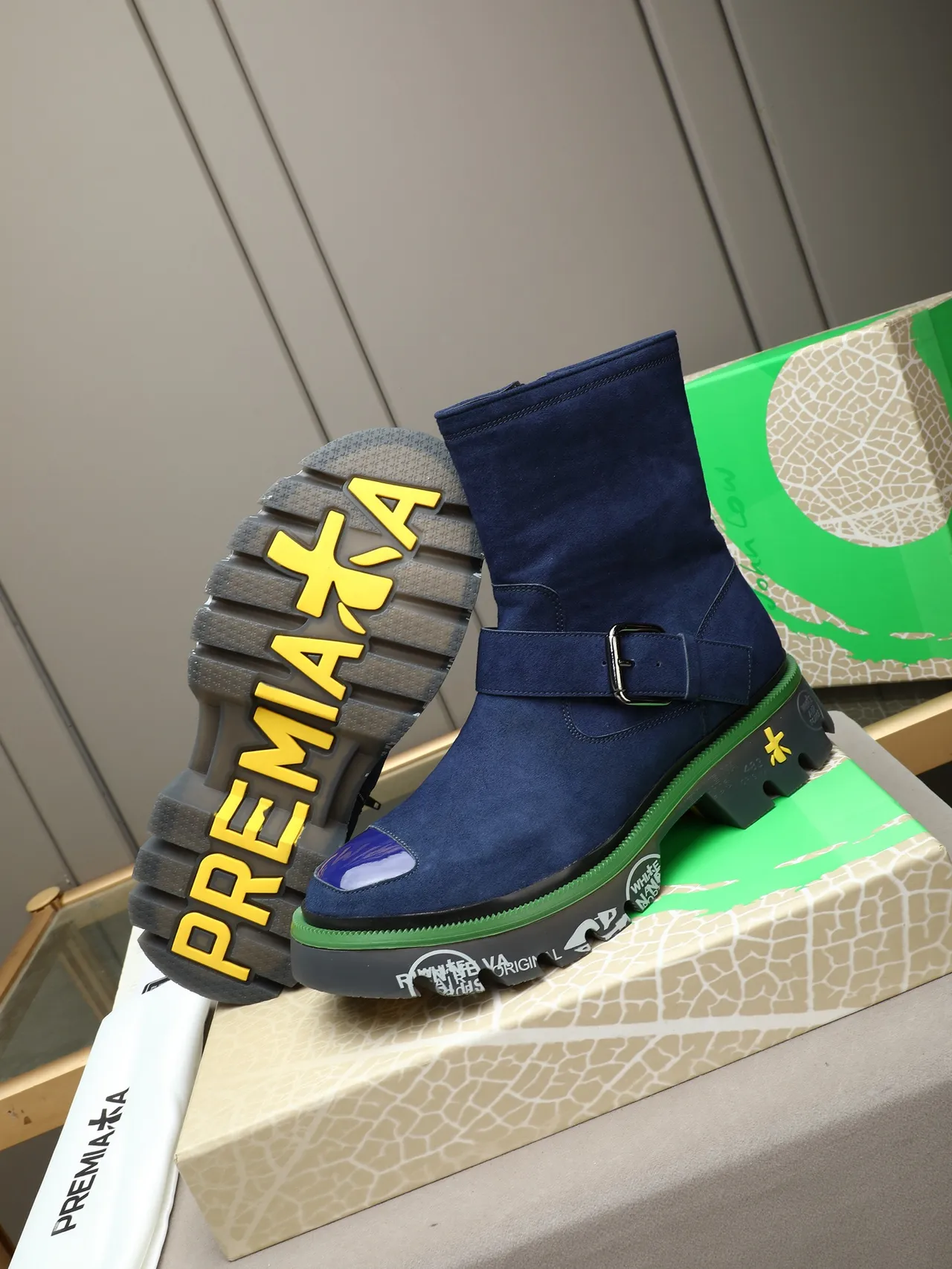 Premiata Blue Suede Buckle Strap Platform Ankle Boot