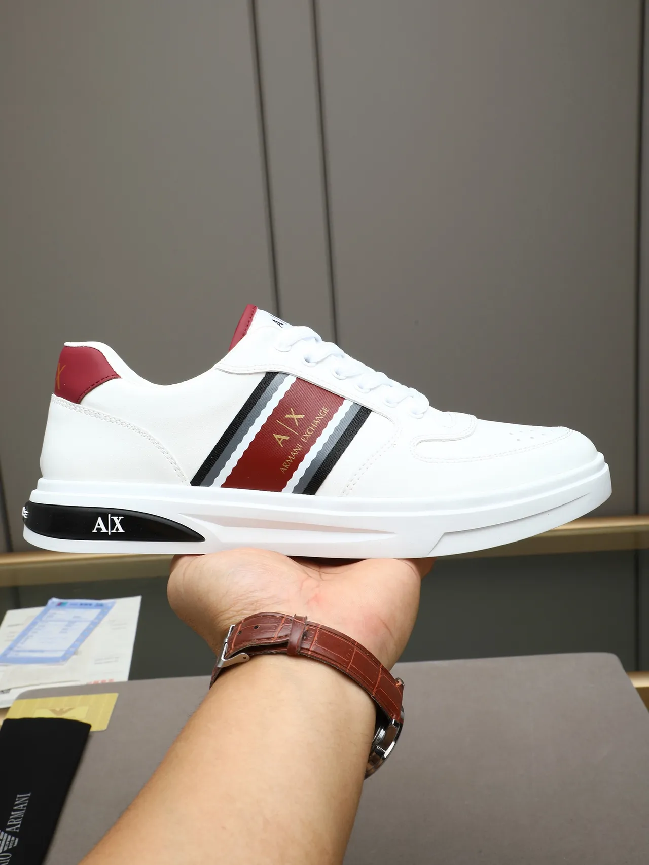 Armani Exchange White Burgundy Leather Upper Black Striped Side Panel Sneakers
