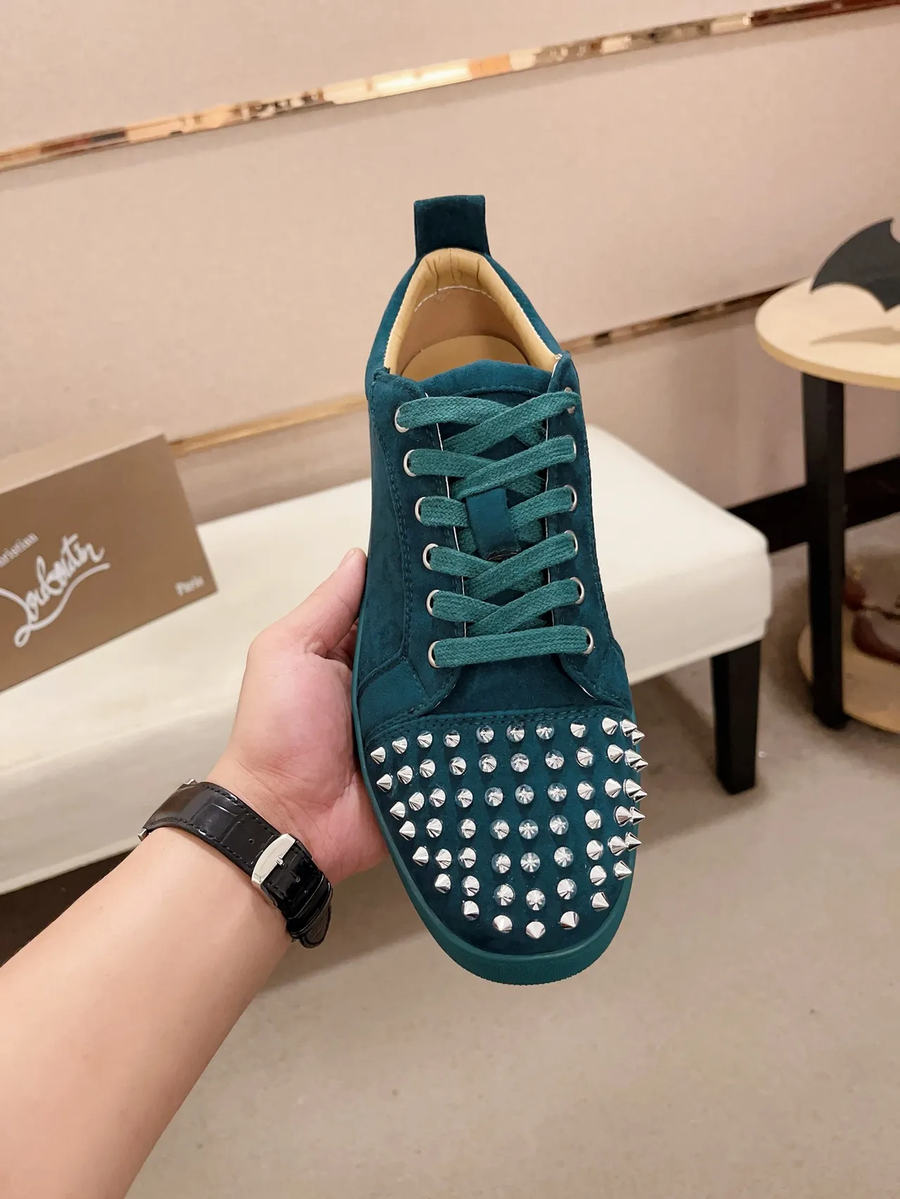 Christian Louboutin Spiked Toe Sneaker Blue Silver Teal Suede Cap Lifestyle Sneakers