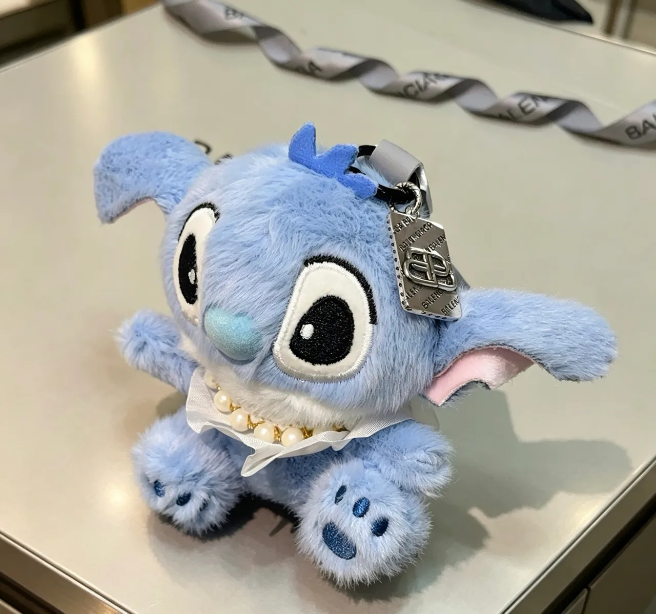 Blue White Plush Stuffed Character Pearl-Trimmed Collar Handbag