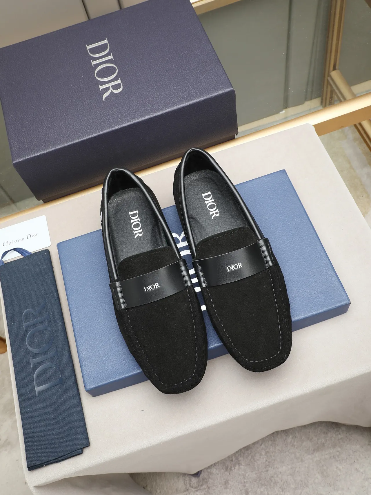 Dior Black White Suede Upper Smooth Leather Strap Loafer