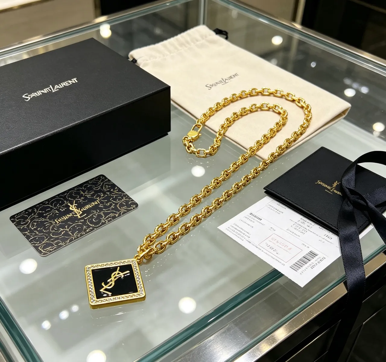 Saint Laurent Square Monogram Pendant Gold Black Curb Chain Enamel Necklace