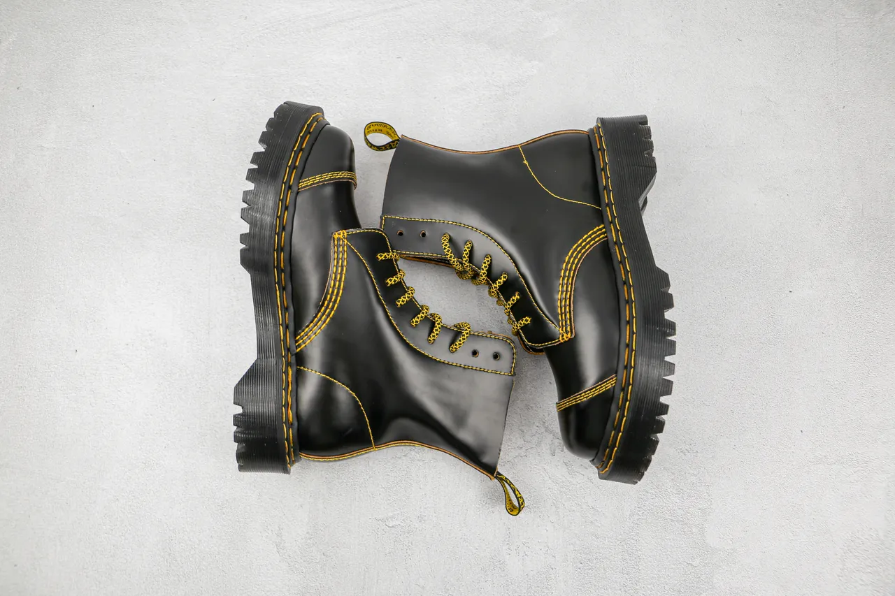 Dr. Martens Black Yellow Leather Contrast Stitching Martin Boots