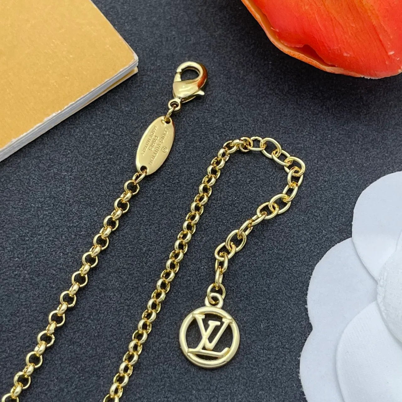 Louis Vuitton Gold Pink Floral-Link Chain Multi-Charm Pendant Design Necklace