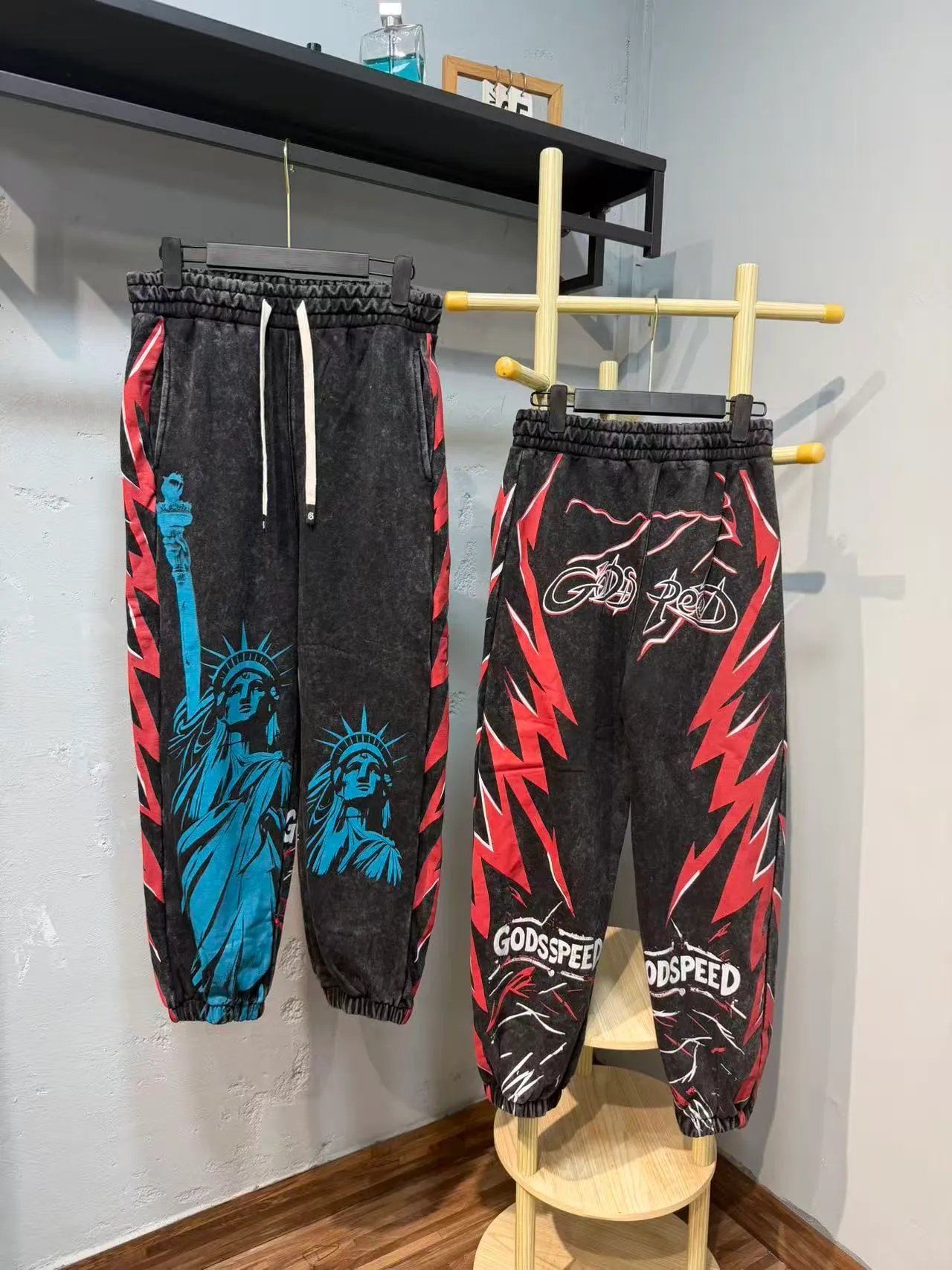 Godspeed Black Red Graphic-Print Acid-Wash Tracksuit