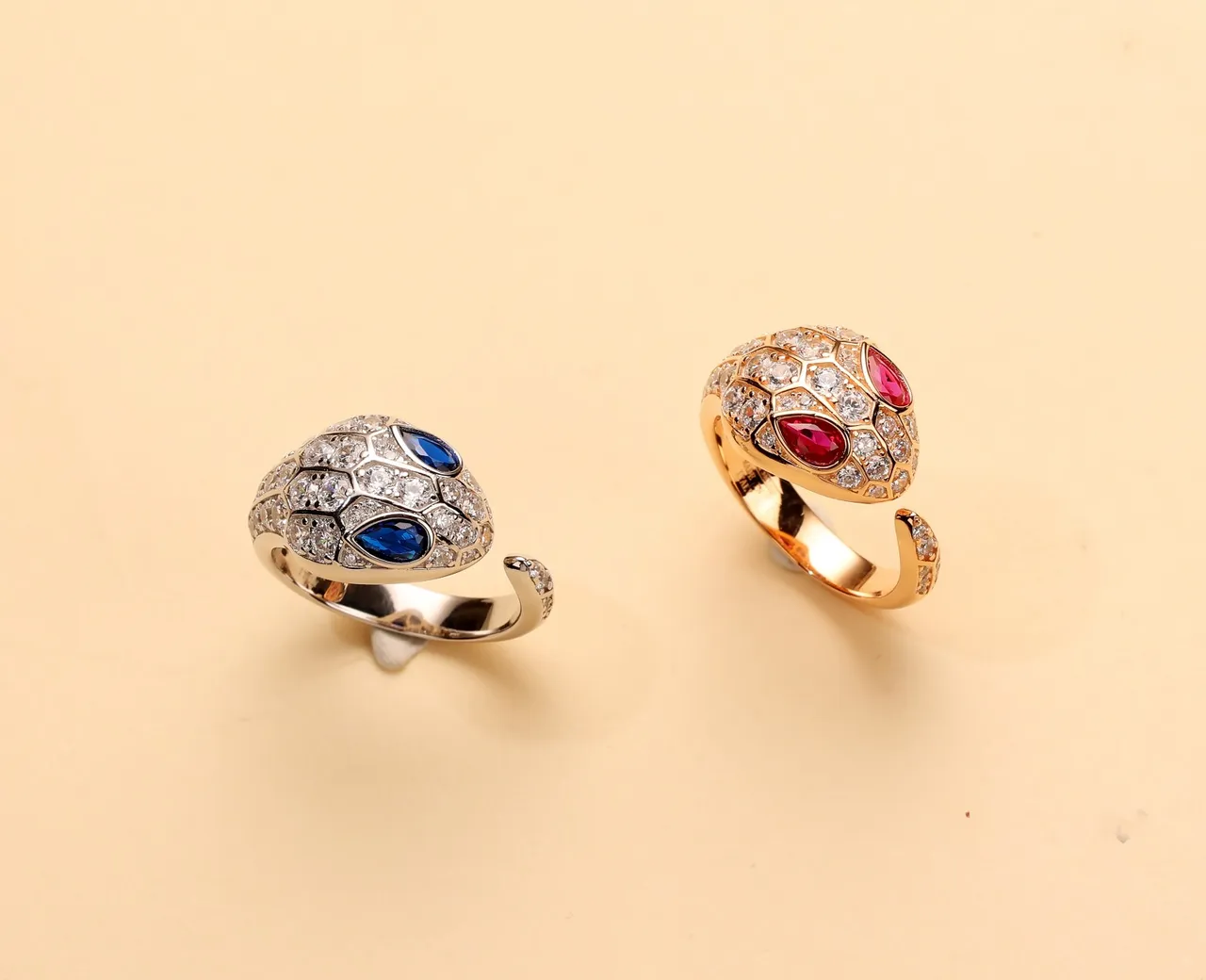 Gold Blue Snake Motif Pavé-Set Scales Ring