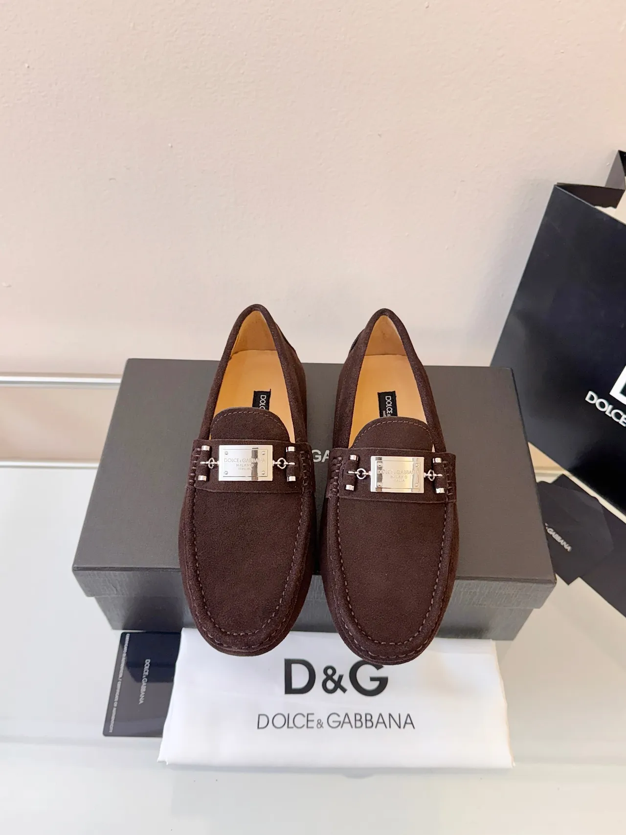 Dolce & Gabbana Portofino Brown Gold Suede Upper Metal Horsebit Buckle Loafer