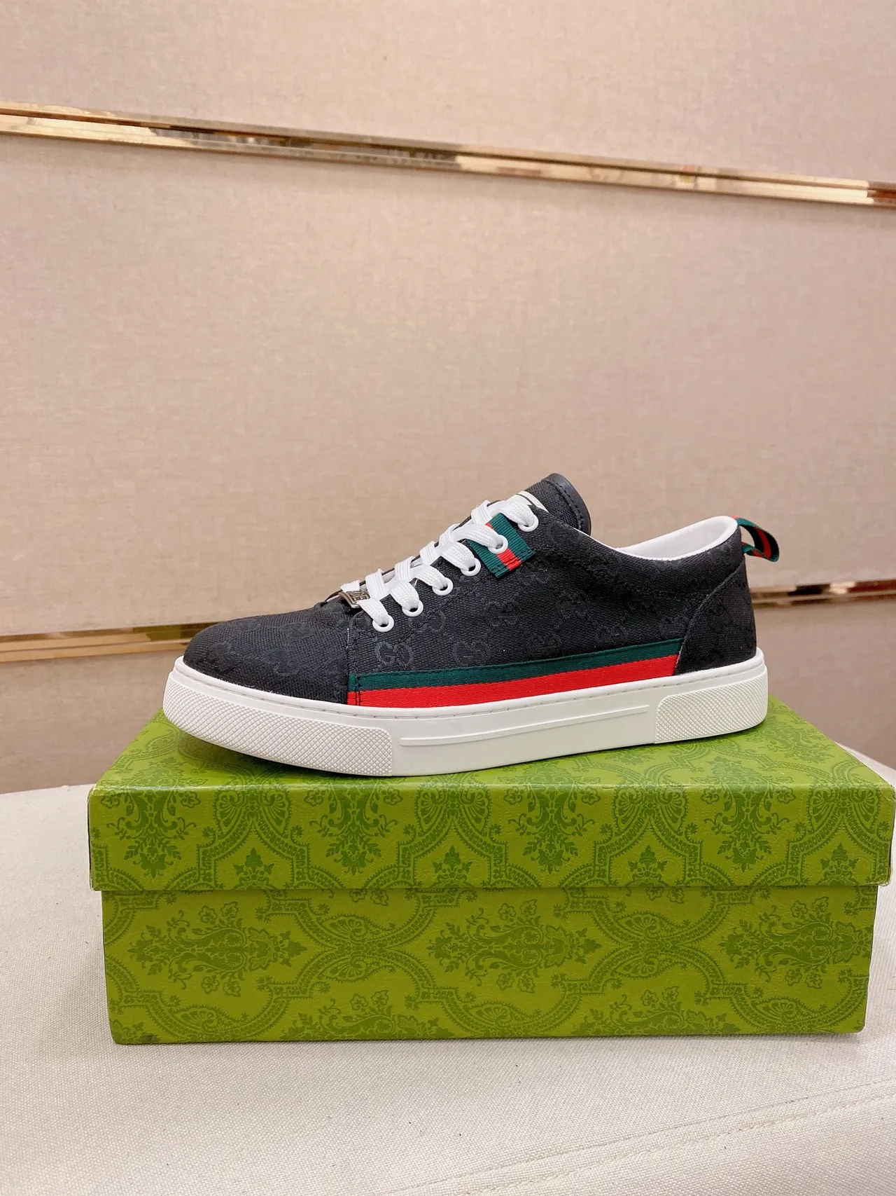 Gucci Black Red Monogrammed Canvas Upper Web Stripe Detail Lifestyle Sneakers