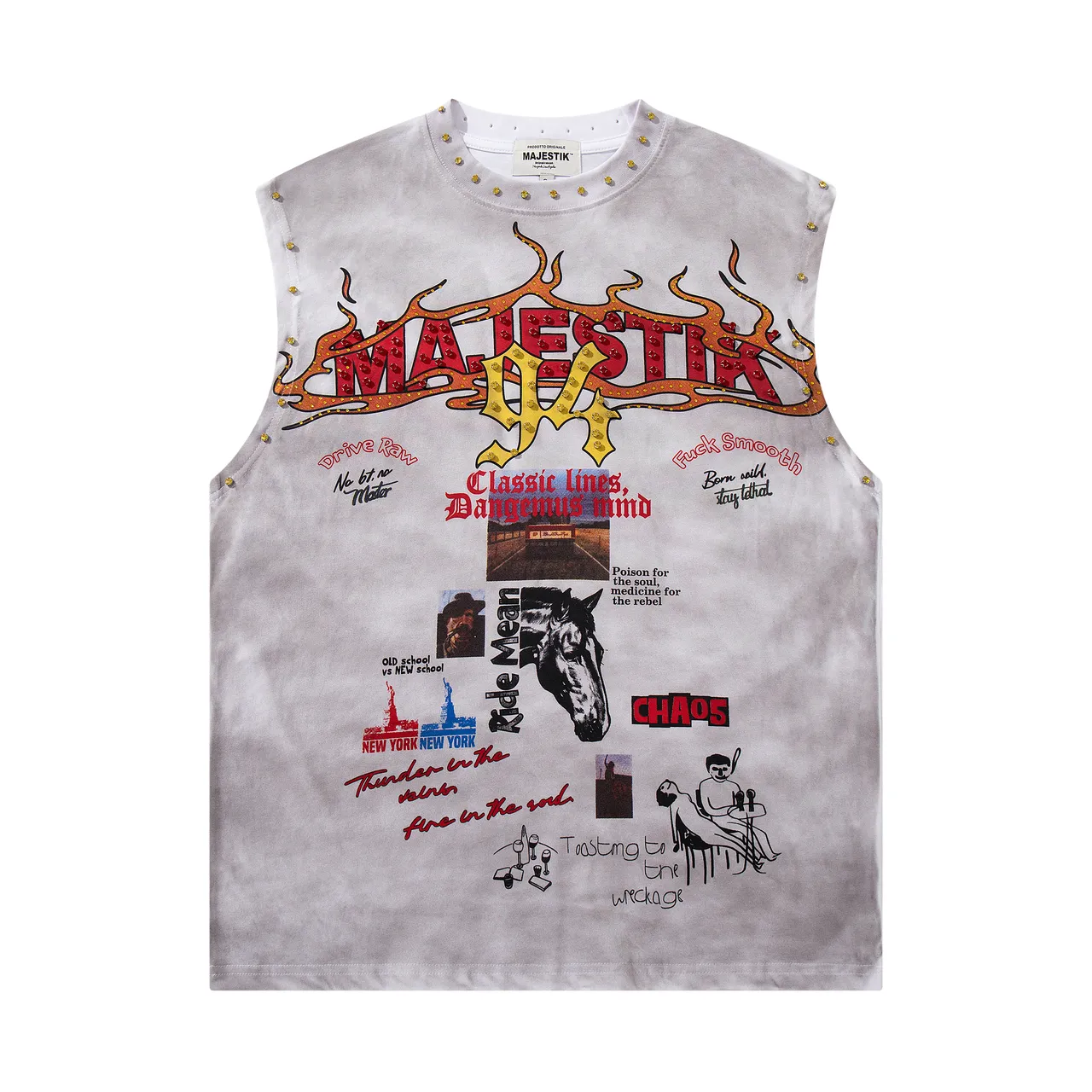 MAJESTIK Tie-Dye Gray Studded Graphic Vest Top