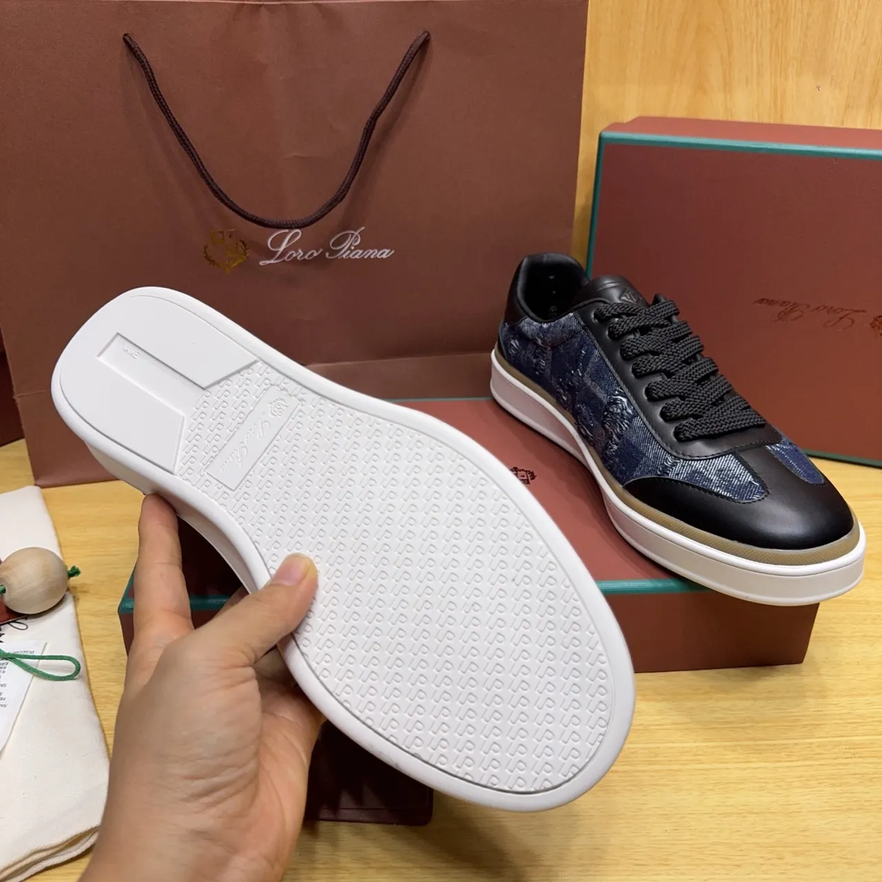 Loro Piana Denim-Textured and Black Leather Platform Lifestyle Sneakers