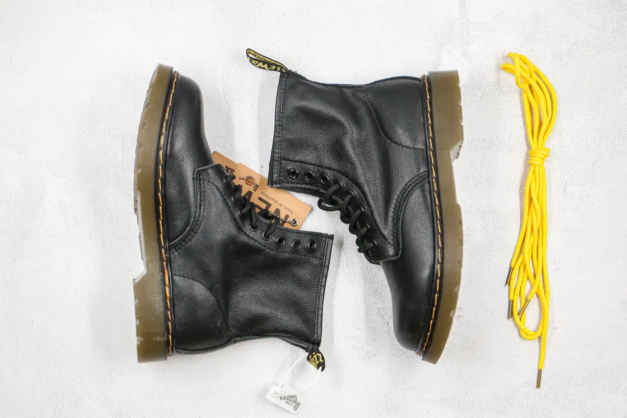 Dr. Martens 1460 Black Smooth Leather Yellow Welt Martin Boots
