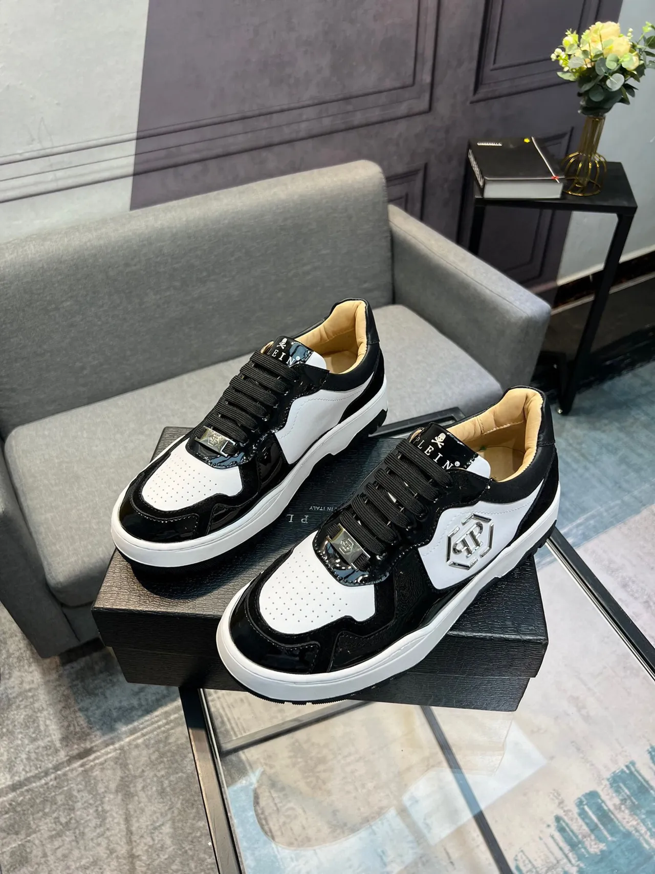 Philipp Plein Black White Panelled Upper Patent Leather Accents Lifestyle Sneakers