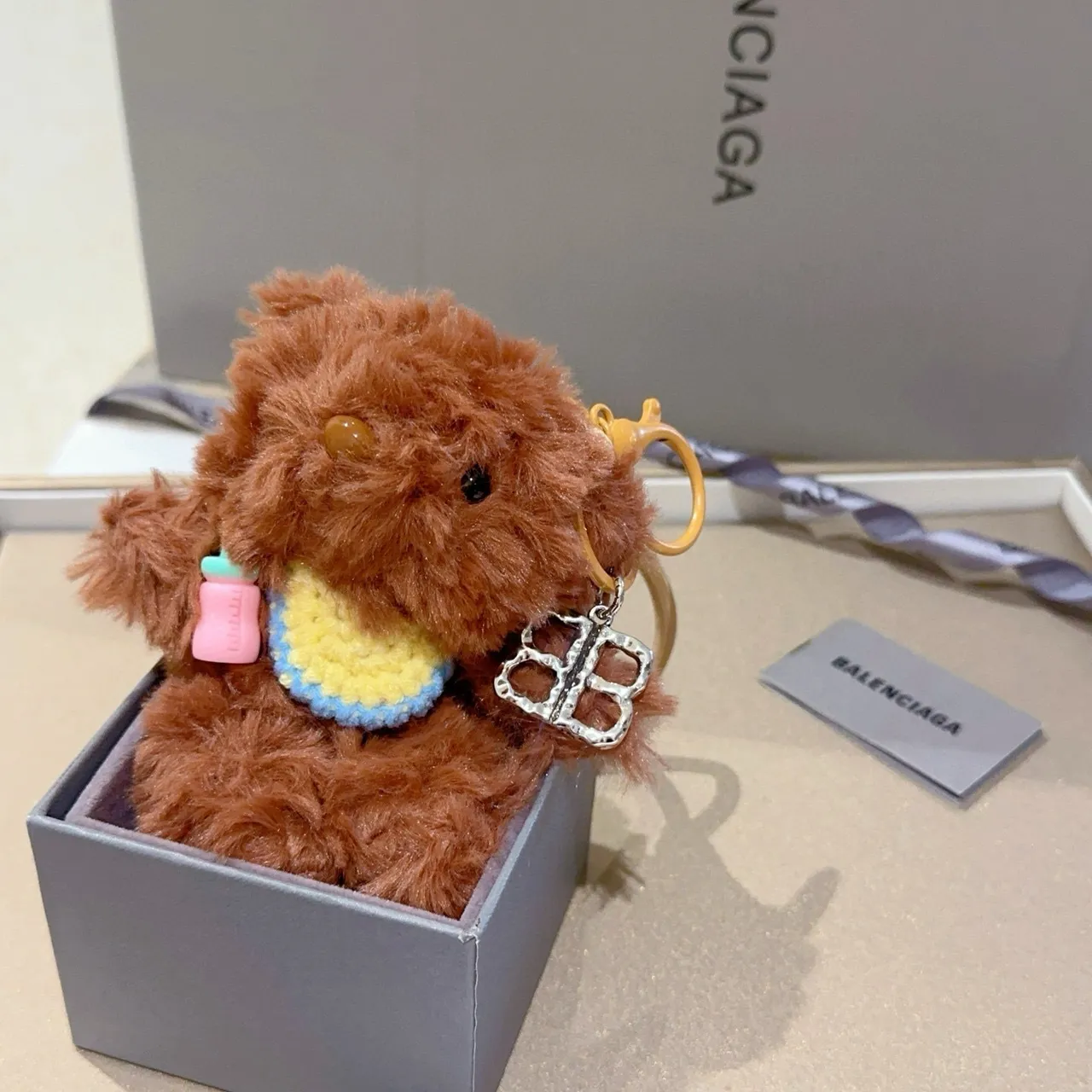 Balenciaga Brown Beige Plush Teddy Bear Knitted Bib Crossbody Bag