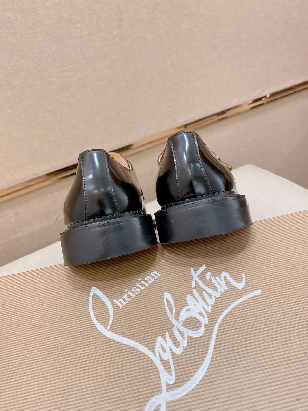 Black Beige Glossy Leather Single Strap Monk Shoes