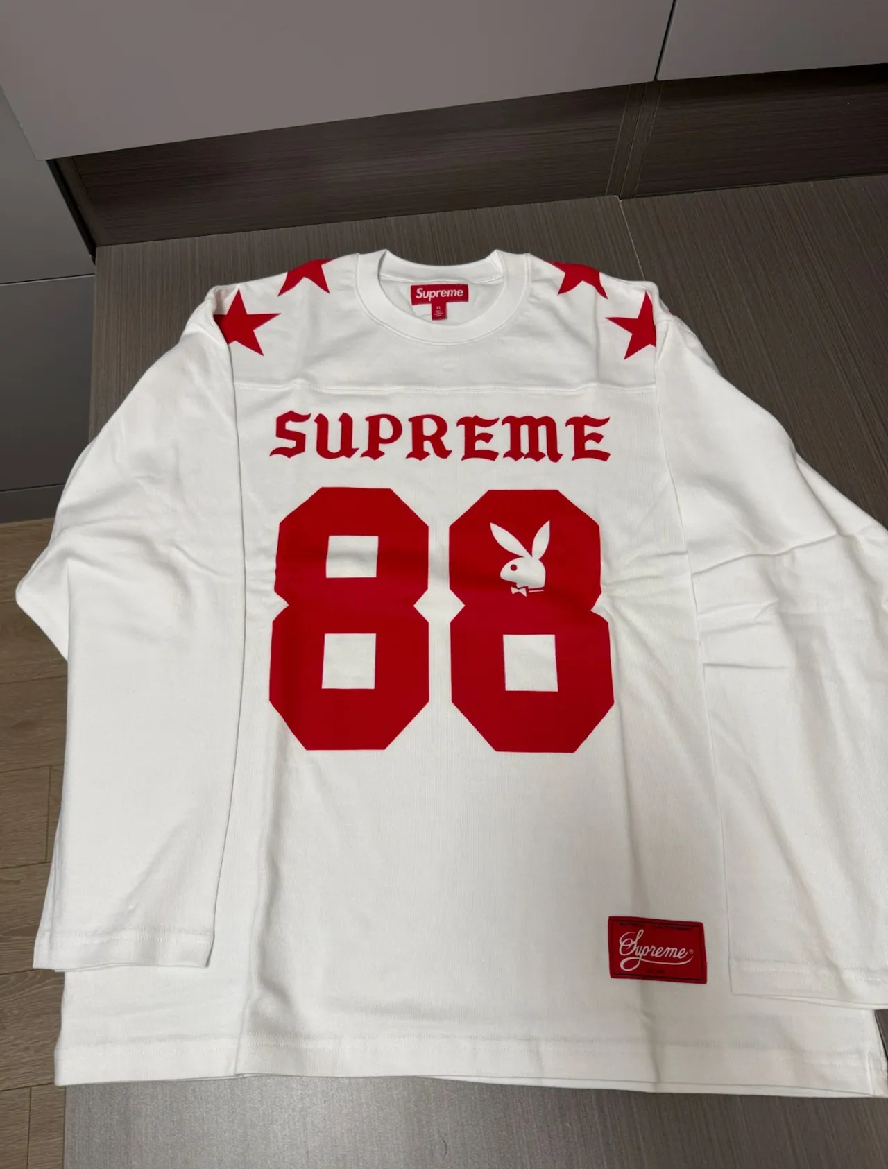 Supreme White Red Long-Sleeve Crewneck Jersey