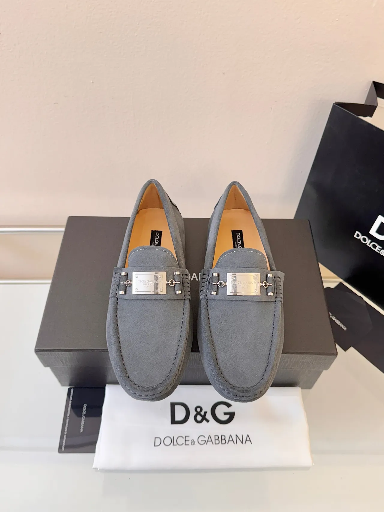 Dolce & Gabbana Portofino Gray Black Suede Upper Metal Plaque Buckle Loafer
