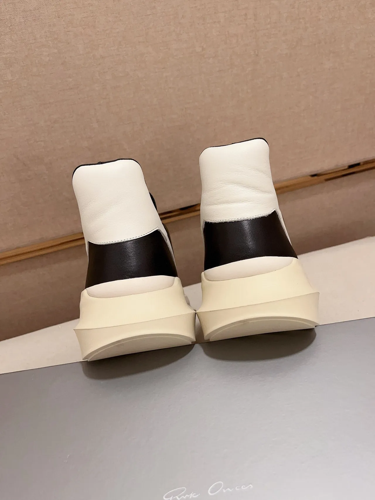 Rick Owens Black Beige Sculpted Sole Asymmetrical Heel Counter Chunky Sneakers