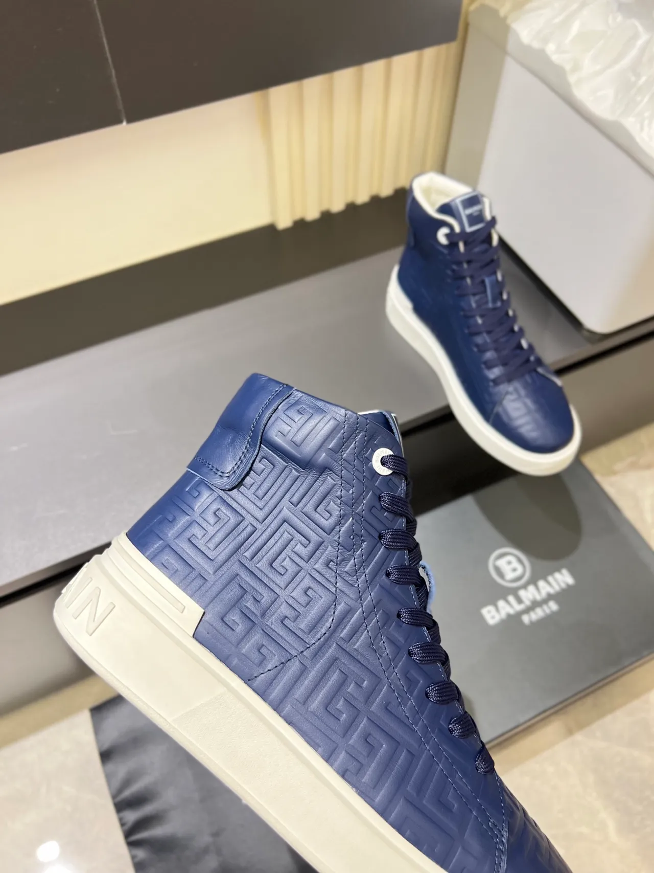 Balmain Navy White High-Top Embossed Geometric Pattern Lifestyle Sneakers