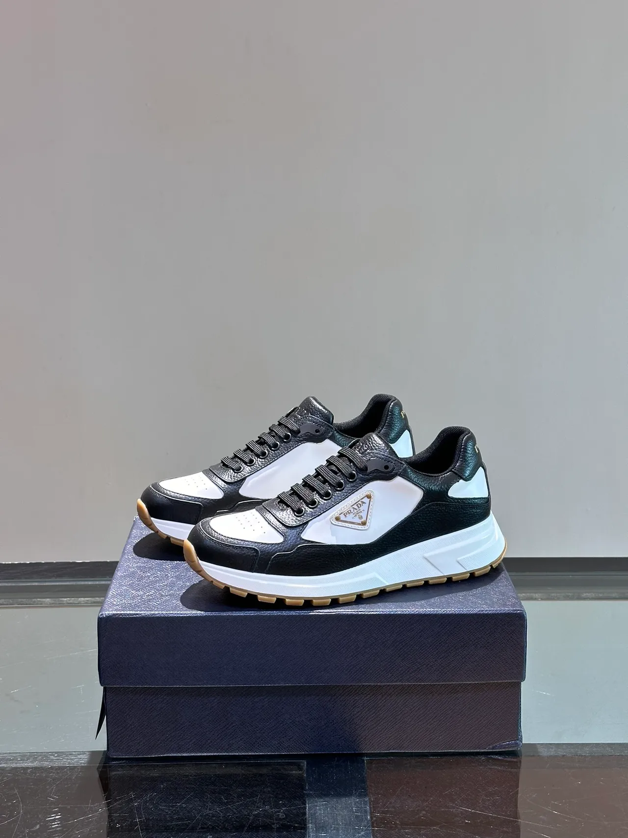 Prada Black White Leather Paneling Sculpted Midsole Chunky Sneakers