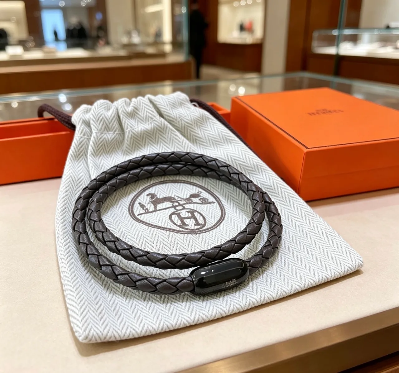 Hermès Braided Leather Black Bracelet