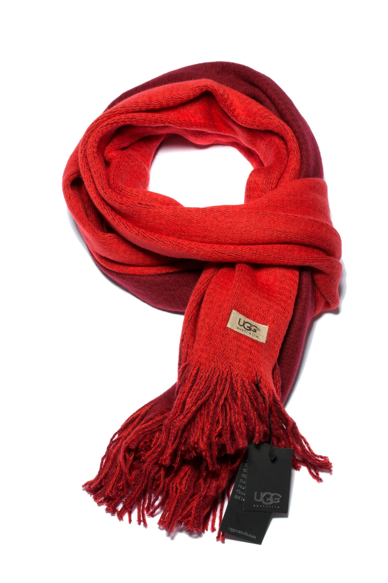 UGG Red Knit Texture Fringed Ends Scarve