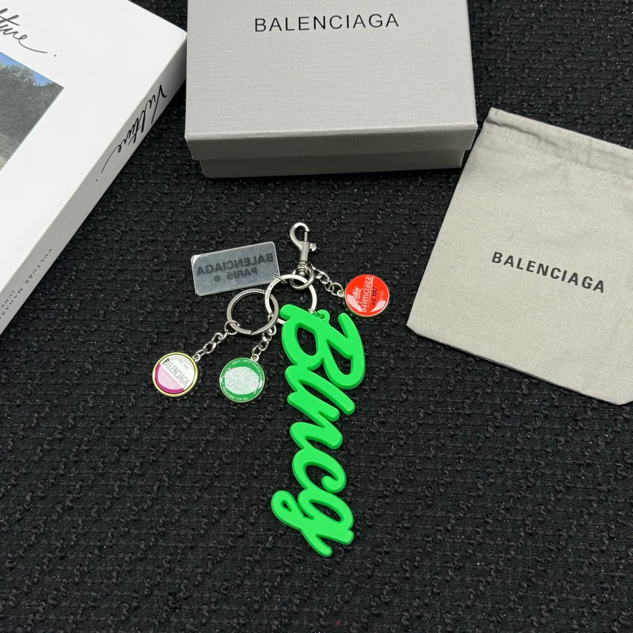 Balenciaga Multi-Charm Keychain Green Silver Cursive Resin Pendant Bracelet