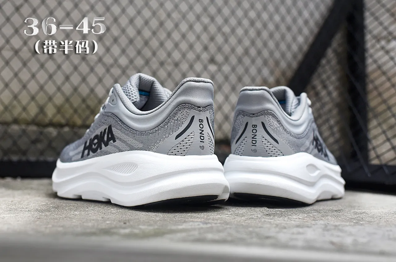 Hoka Gray White Engineered Mesh Upper Thick Midsole Running Shoes