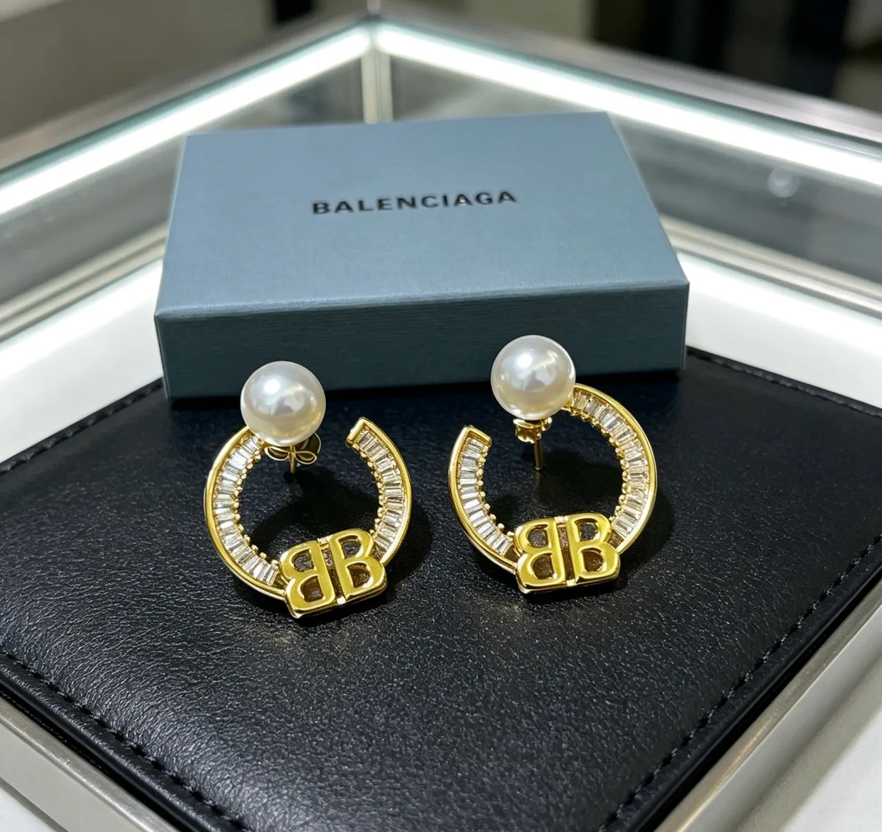 Balenciaga BB Hoop Pearl and Crystal Earrings