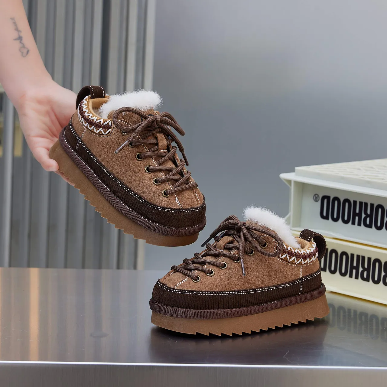 Brown Beige Platform Sole Plush Lined Snow Boots