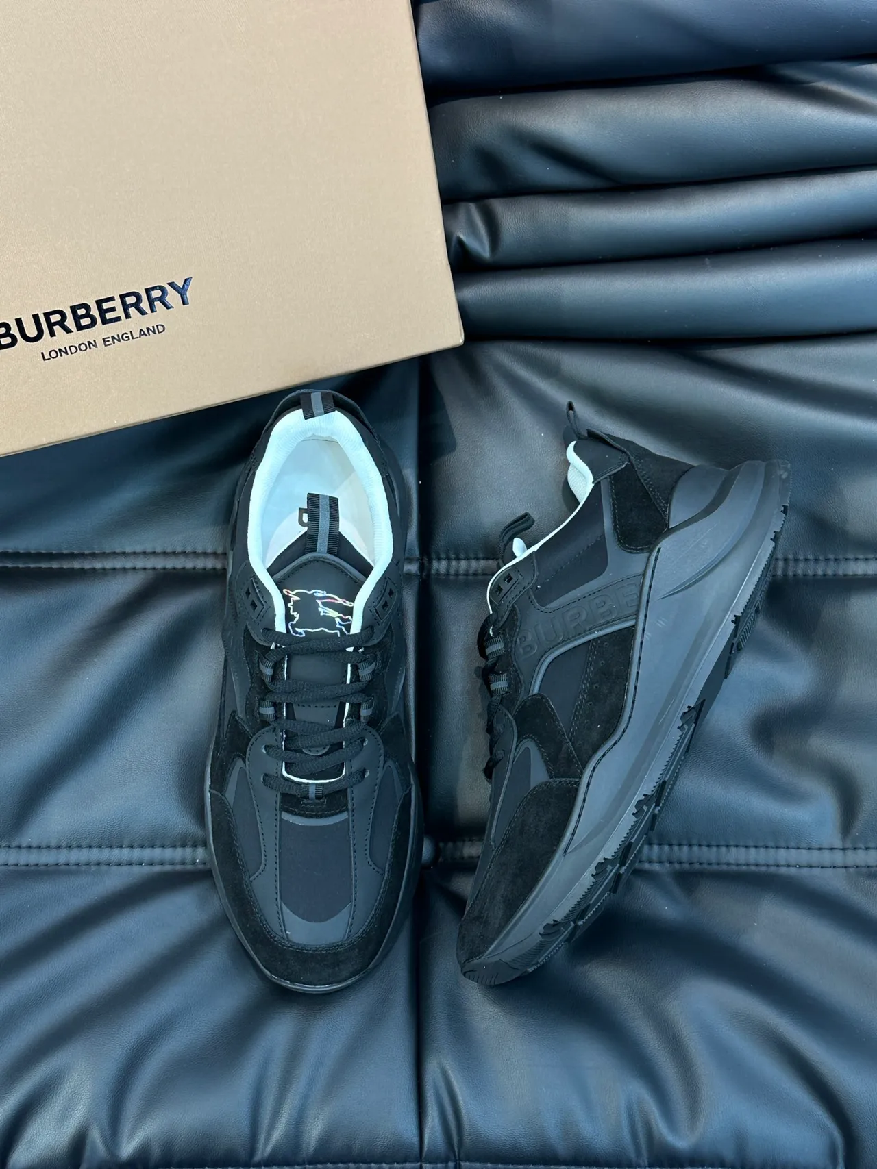 Burberry Black White Layered Suede And Synthetic Upper Embossed Side Logo Chunky Sneakers