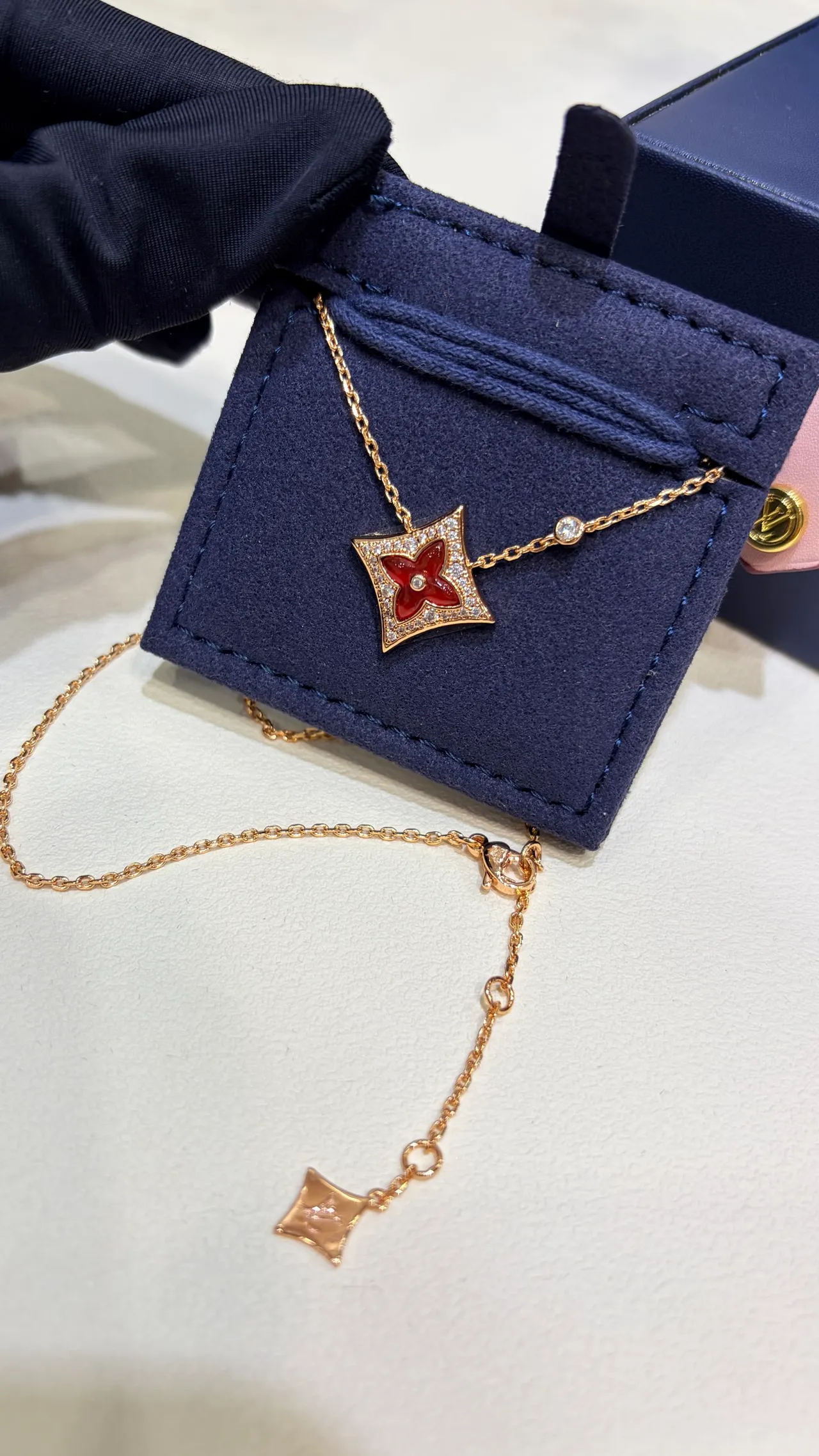 Louis Vuitton Red Enamel Floral Pendant Gold-Tone Necklace