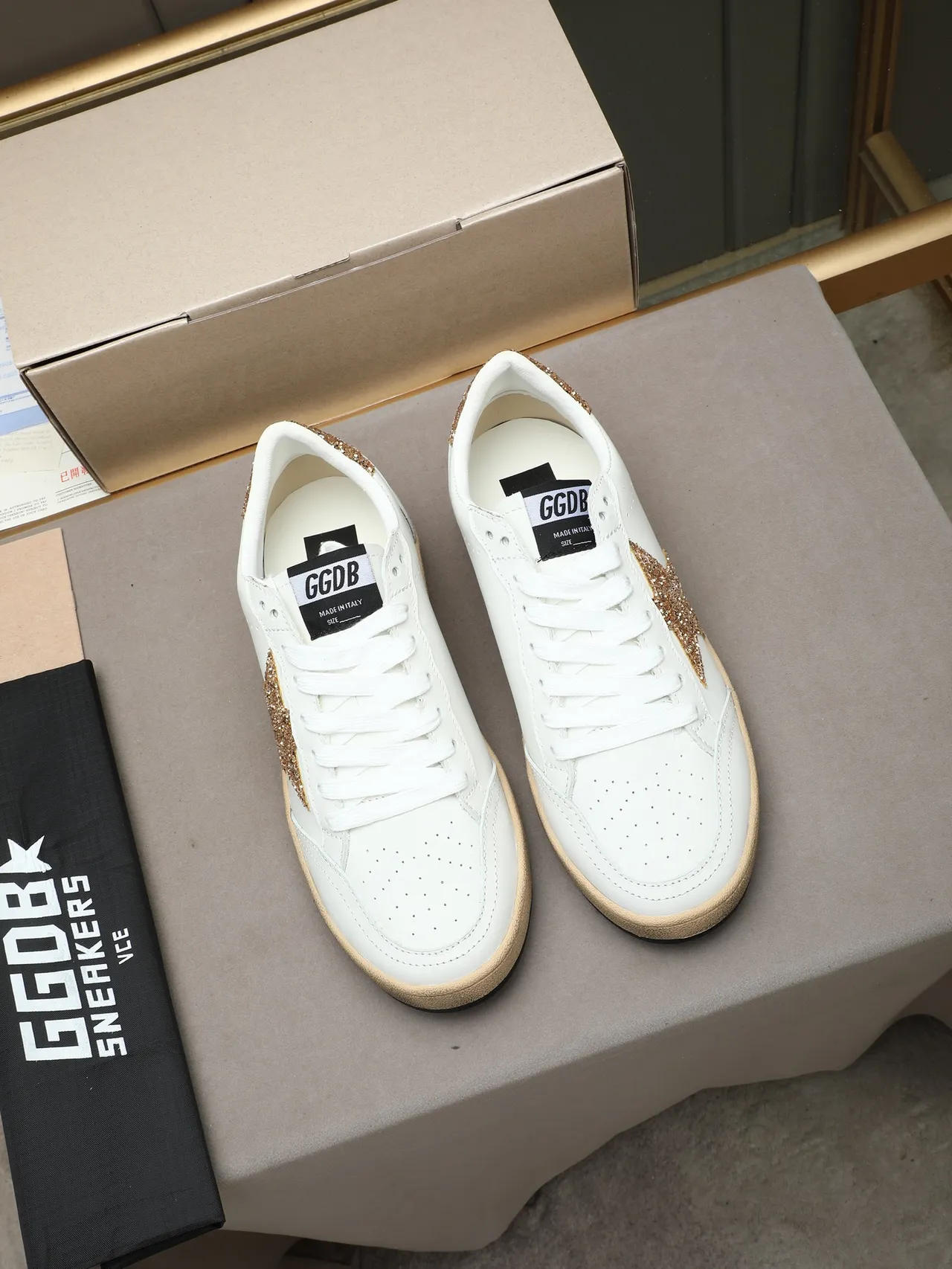 Golden Goose Ball Star White Leather Glitter Gold Star Lifestyle Sneakers