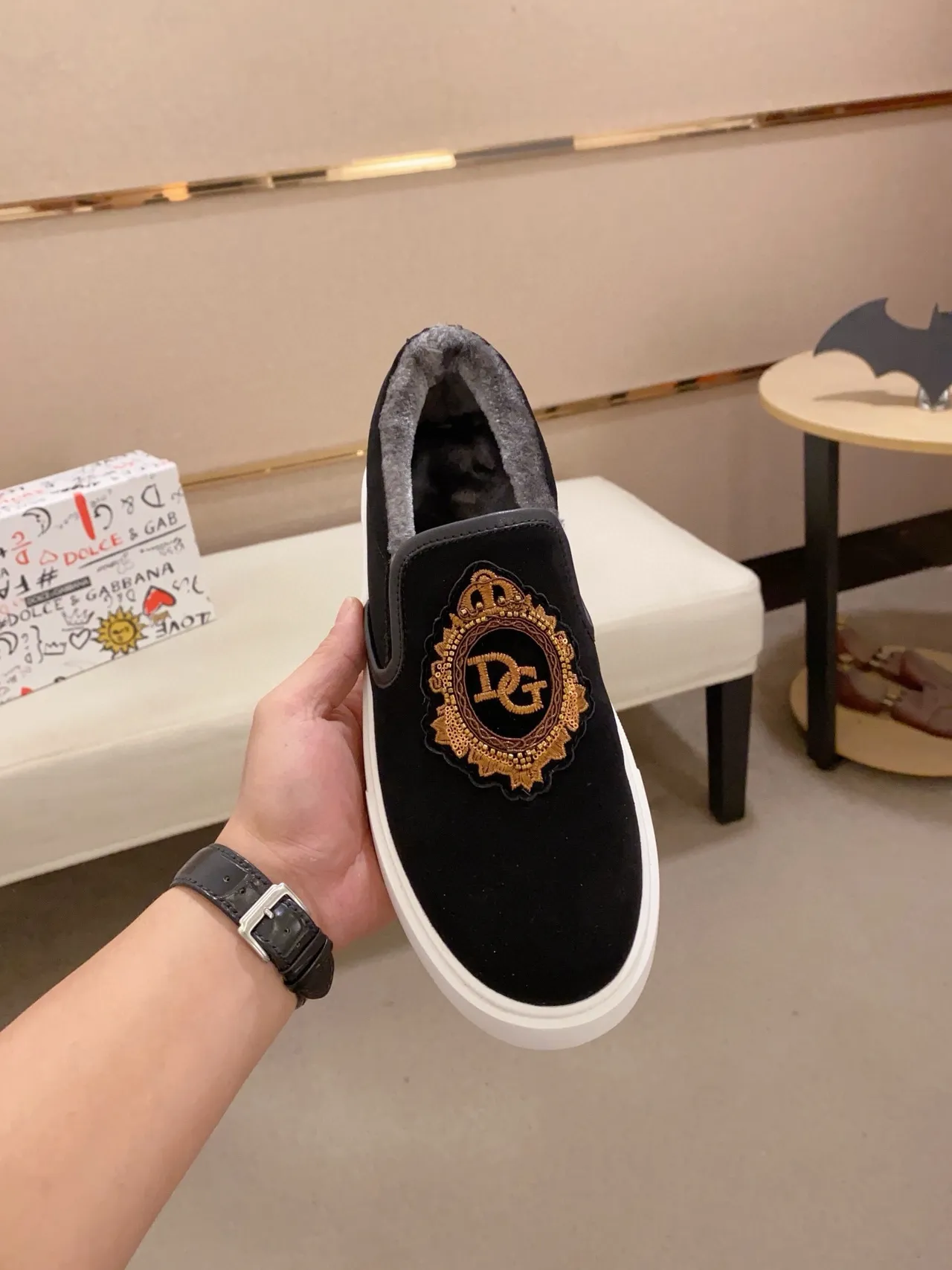 Dolce & Gabbana Portofino Slip-On Black White Velvet Upper Lifestyle Sneakers